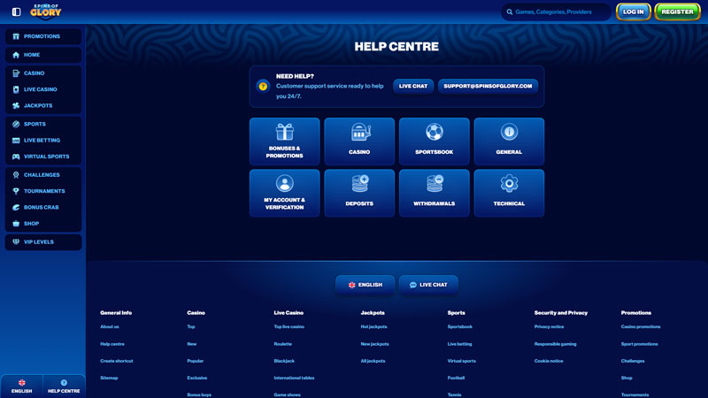 spins-of-glory support screenshot