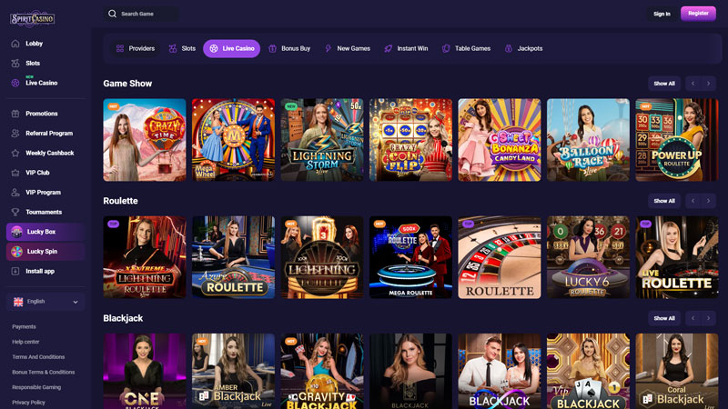 spirit-casino live screenshot