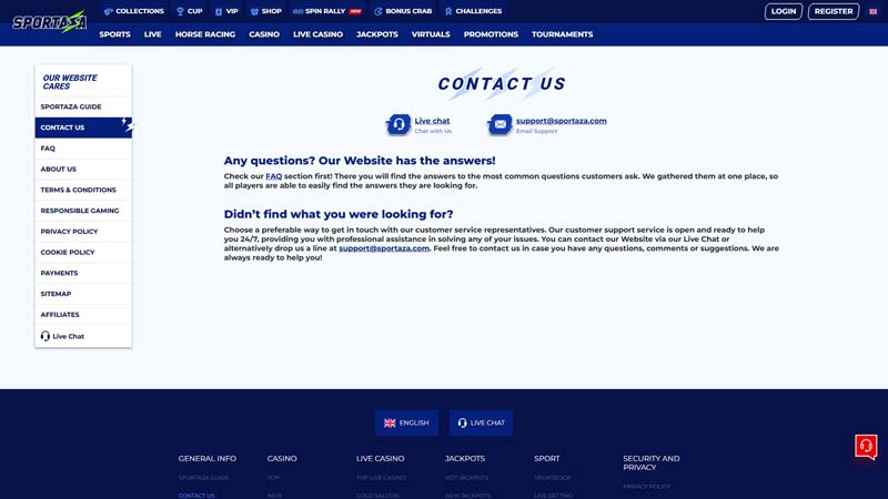 sportaza support screenshot