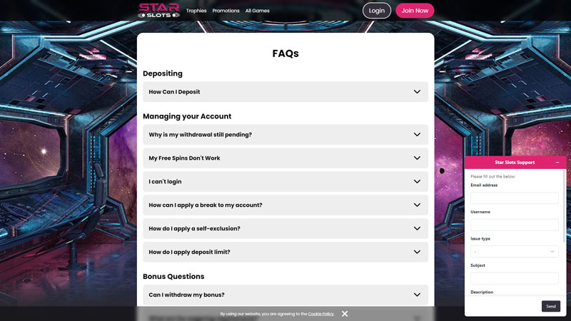 star-slots support screenshot