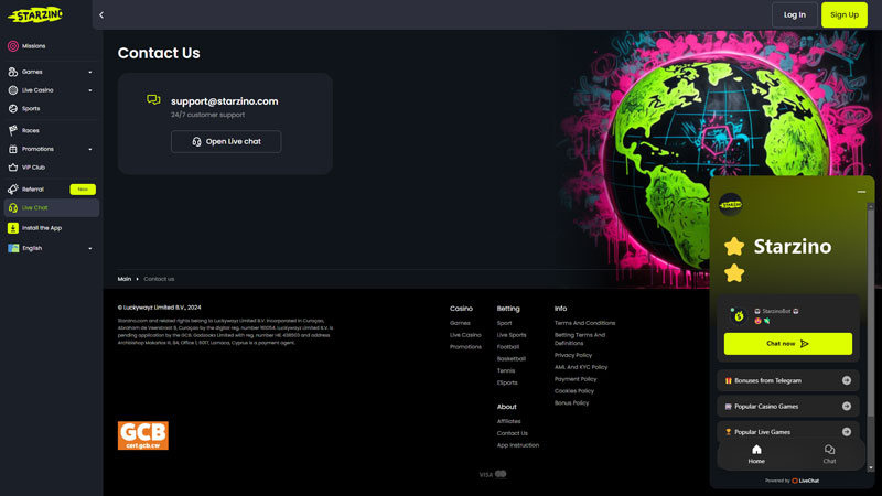 starzino support screenshot