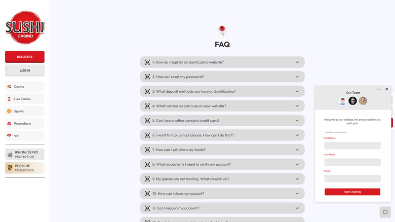 sushi-casino support screenshot