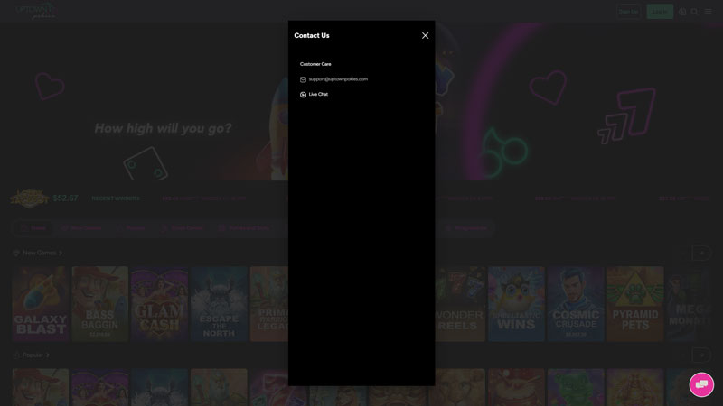 uptown-pokies-casino support screenshot