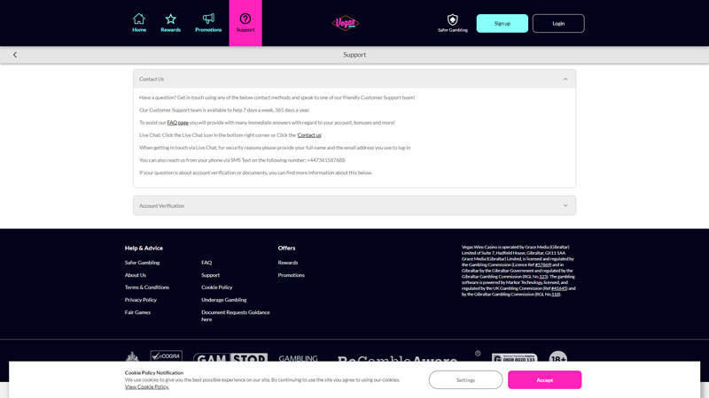 vegas-wins-casino support screenshot