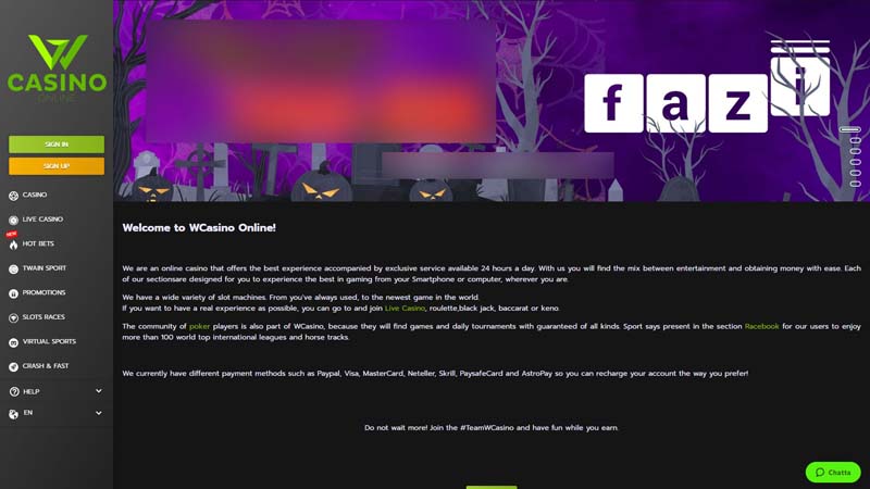 wcasino lobby screenshot