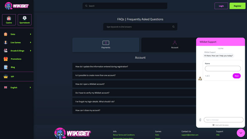 wikibet support screenshot