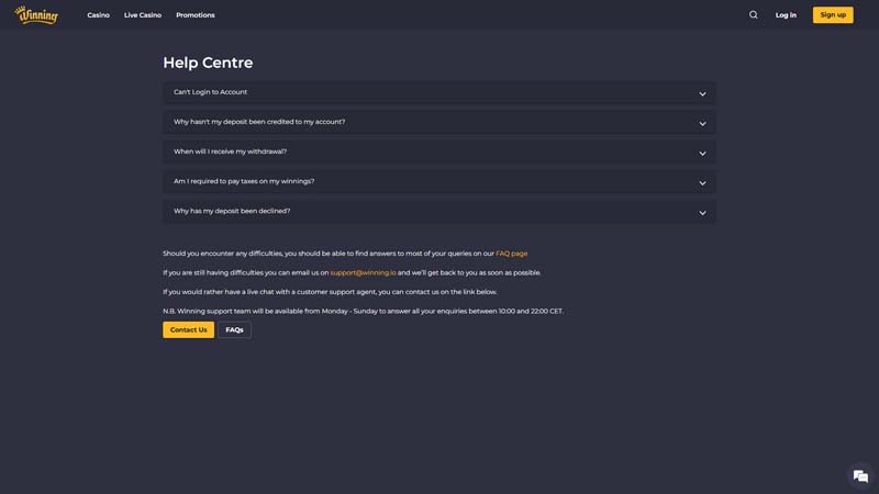 winning-io support screenshot