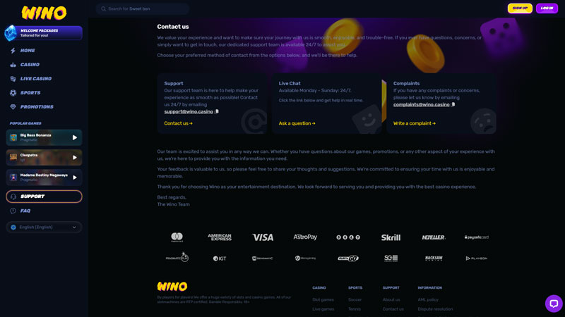 wino support screenshot