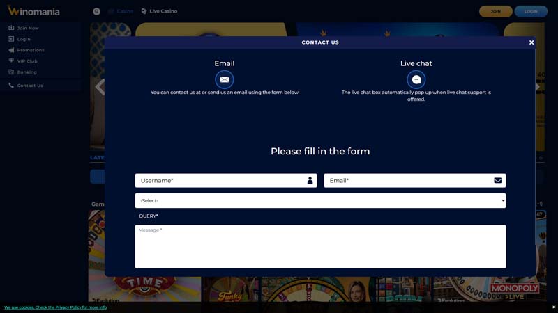 winomania-casino support screenshot