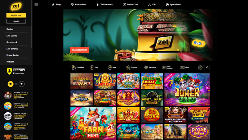 zet-casino lobby screenshot